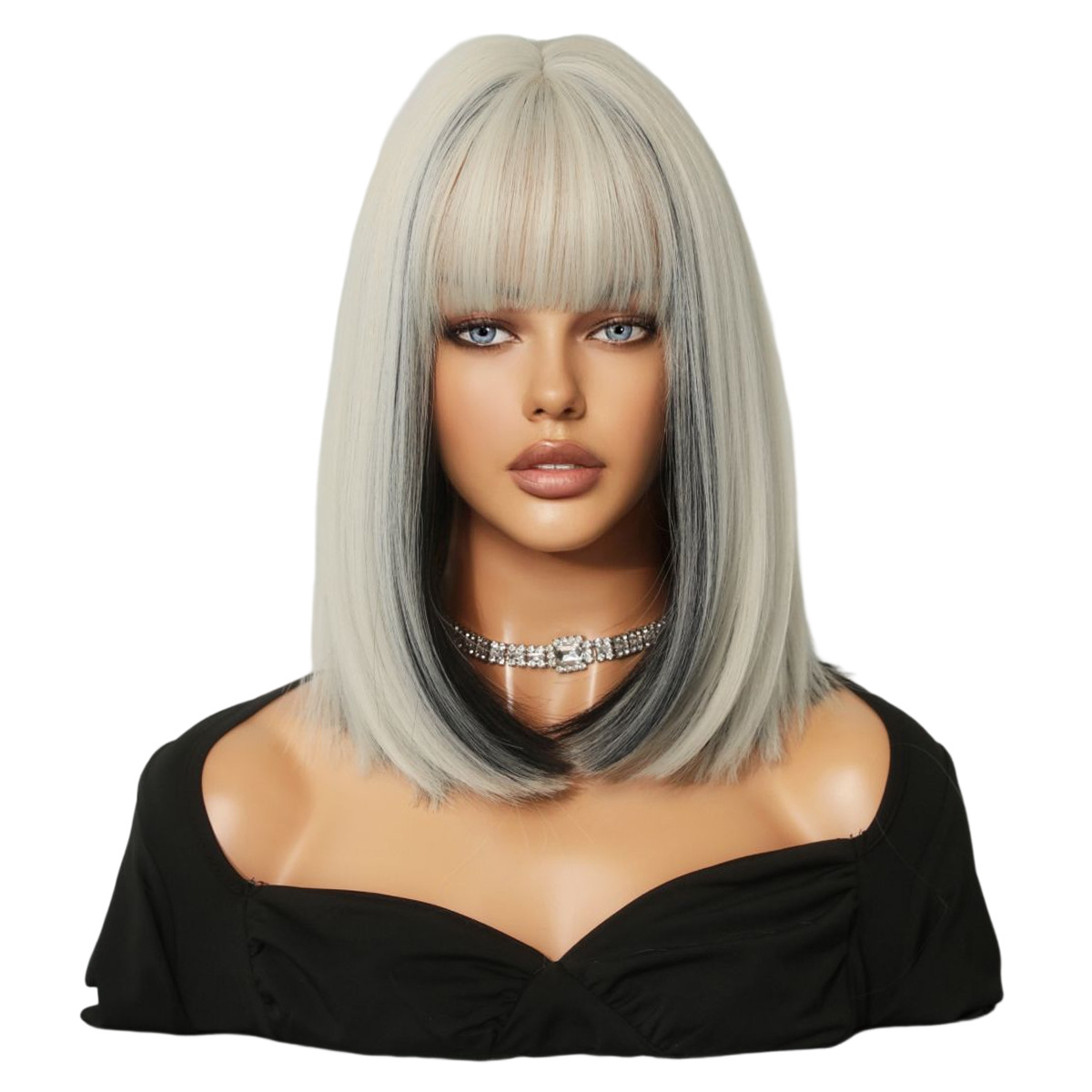 Women Wigs Platinum Short Hair With Black Highlights Fashion Short Straight Wig